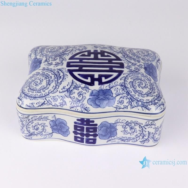 Rxae-FL09-086 Blue and White Rectangular Flower Mouth Happy Pattern Cashew Box Candy Box