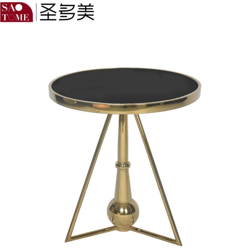 Stainless Steel Black Glass Round End Table Next to Sofa in Living Room