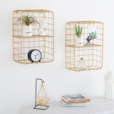 Metal Gold Wall Shelves Decorative Wire Large Square Shelf Free Floating Mesh Holder Industrial Style Double Storage Shelf