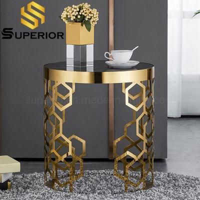 Durable Metal Gold Round Living Room Glass Side Table