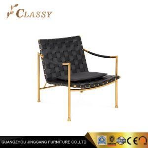 Living Room Square Lounge Chair with Golden Stainless Steel Weave Leather Seat