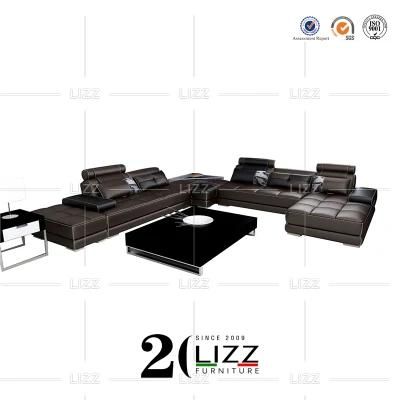 Modern Living Room U Shape Sectional Genuine Leather Sofa with Coffee Table