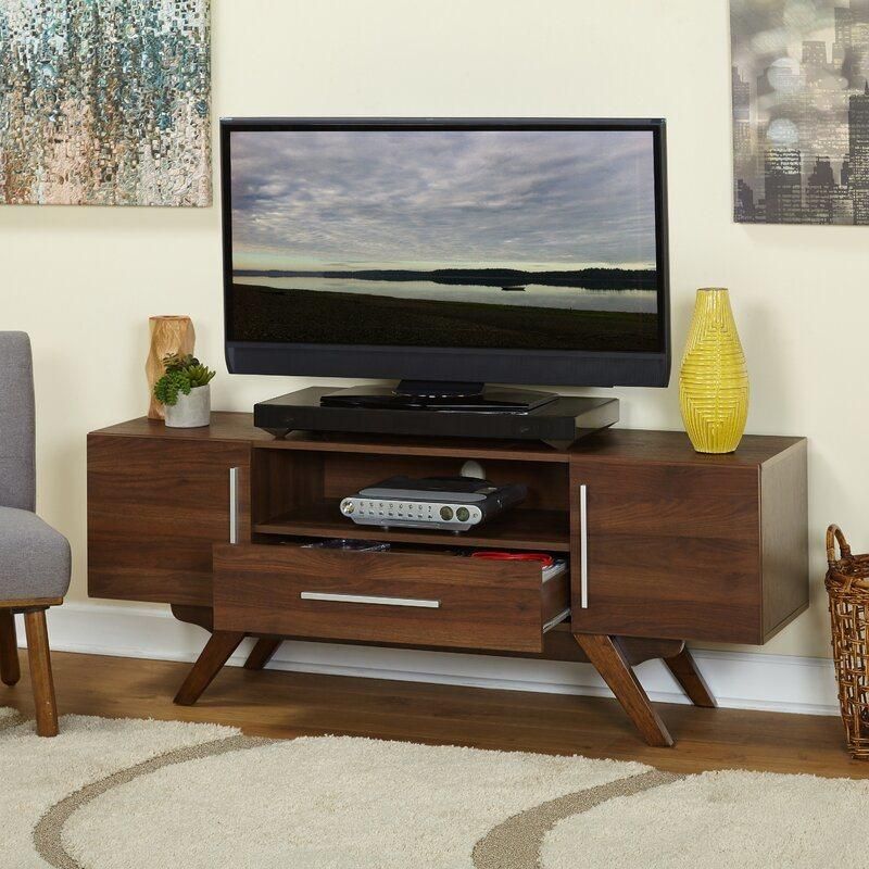 Living Room Furniture Walnut Finish 65 Inches Wooden TV Stand with 2 Doors and 1 Drawer for Tvs