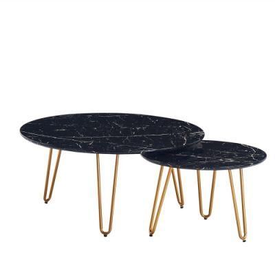 Modern Cheap Price Factory Round Side Table MDF Marble Paper Top Living Room Coffee Table Set with Golden Painting Leg