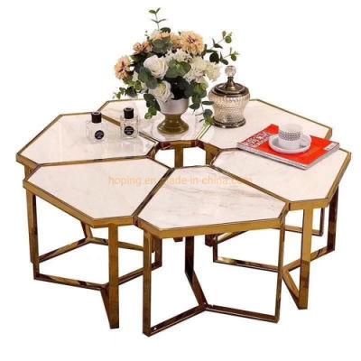 1+6 One Big Six Small Tables Set High-End White Marble Coffee Table with Stainless Steel Base