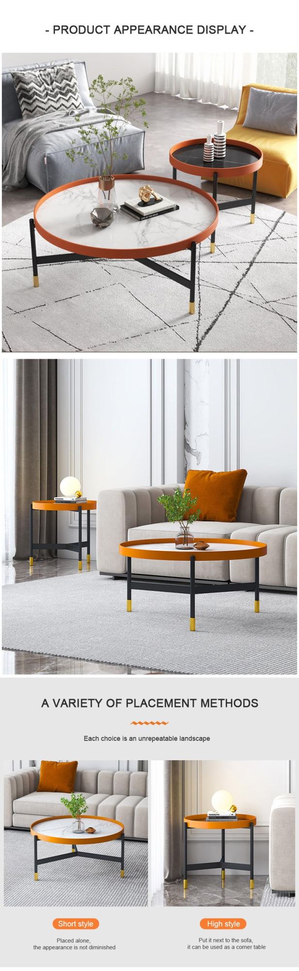 Industrial Furniture Metal Legs Marble Coffee Table with Leather