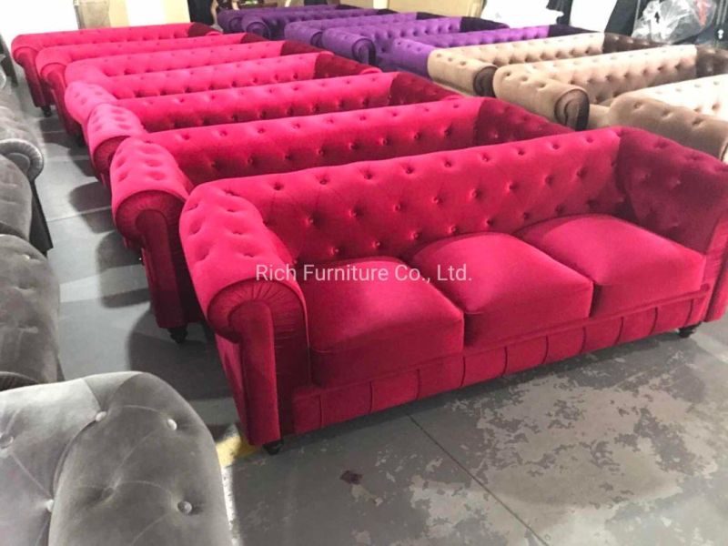 Home Furniture Living Room Modern Red Fabric Velvet Chesterfield Sofa Leisure Couch Set Hotel Bedroom