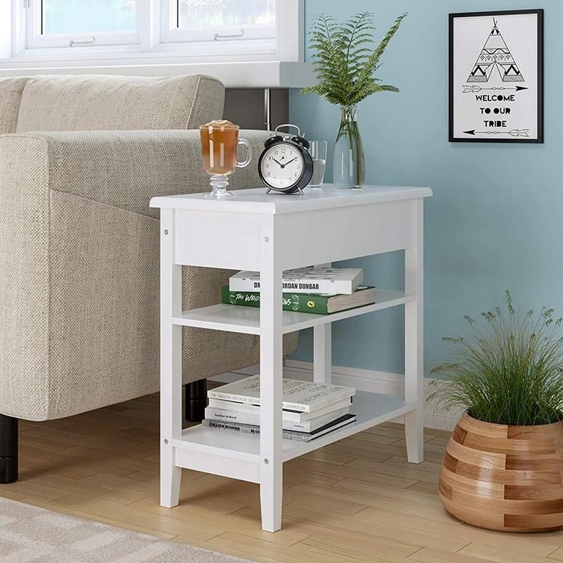 Flip Top Side Table Narrow End Table with Storage Shelves for Living Room