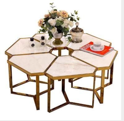 White Black Marble Top and Gold Metal Base Coffee Side Tables