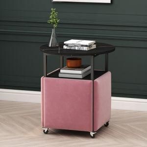 Marble Round Coffee Table Black Wooden Tabletop Metal Frame with Four Green Leather Surface Stools Magic Cube Tea Table