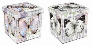 Butterfly Design Square Cube PU Leather and Wooden Folding Storage Seat Ottoman Stool