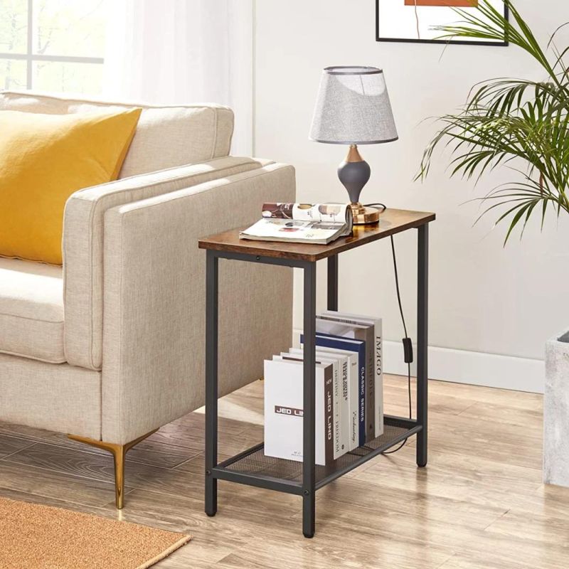 Stable Sturdy Wood Accent Furniture Rustic End Narrow Nightstand Bedside Table with 2 Drawer and Open Storage Shelf