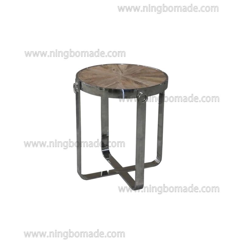 Classic Chic Eco-Friendly Paint Furniture Natural Reclaimed Elm Top Shining Stainless Steel Base Round Corner Table