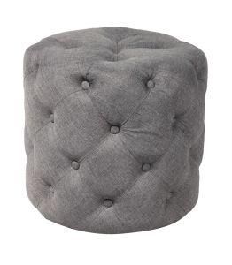 Knobby Grey Linen Fabric Cover Button Tufted Round Stool Ottoman