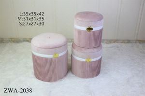 Round Set Three Pink Velvet Stool Ottoman