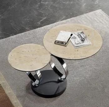 2 Piece Metal Round Tables with Marble Top for Living Room Furniture