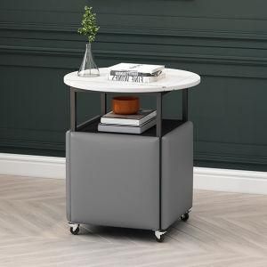 Marble Round Coffee Table Black Wooden Tabletop Metal Frame with Four Yellow Flannel Surface Stools Magic Cube Tea Table
