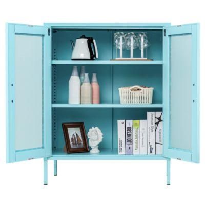 3 Shelf Blue Storage Cabinet with Metal Mesh Door Metal Home Furniture