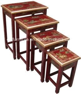 Lacquer Oriental Asia Art Red Hand Painted End Nest Table