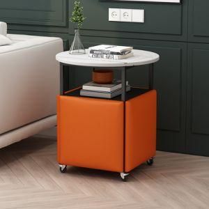 Marble Round Coffee Table Frame Leather Surface Stools Magic Cube Tea Table Orange Wooden Tabletop Metal Black Living Room