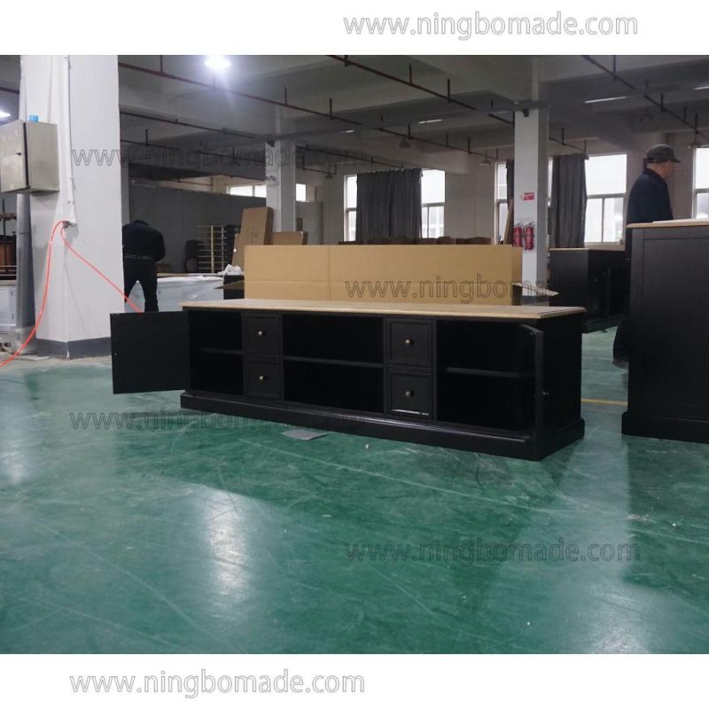 French Provincial Hunter Furniture Natural Oak Top Black Poplar Wood Base 4 Drawers 2 Doors TV Stand
