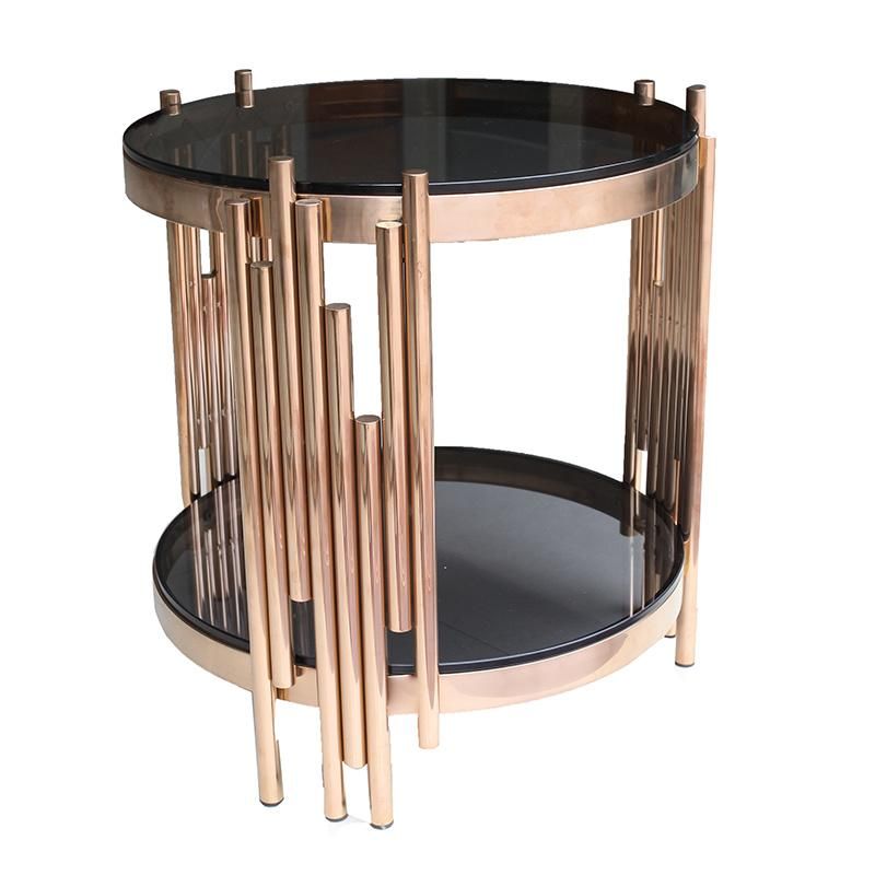 Round Coffee Table for Living Room with Tempered Glass Top & Metal Frame, 2-Tier Open Shelf Storage, Sturdy and Rustic