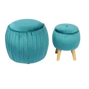 Knobby Big Round Fabric Blue Velvet Stool Ottoman with Storage