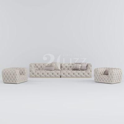 Hot Selling Italian Style Modern Fabric Chesterfiled Couch Sofa for Home Living Room with Gold Metal Leg