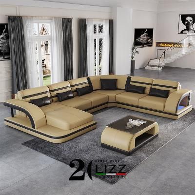 High Quality Modern Living Room Furniture Sectional Leather Sofa Set with LED Light