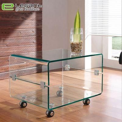 Bent Glass Side Table with Wheels