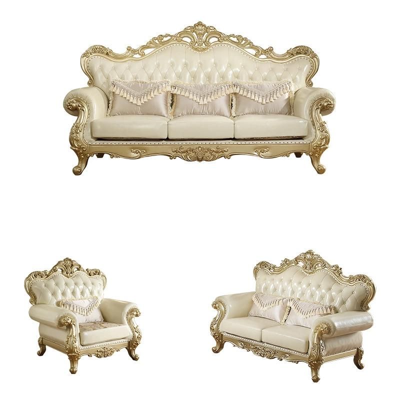 Wood Carved Classic Leather Sofa in Optional Sofas Seats and Couch Furniture Color