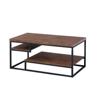 Walnut Wood Veneer Metal Storage Light Wood Coffee Table for Living Room