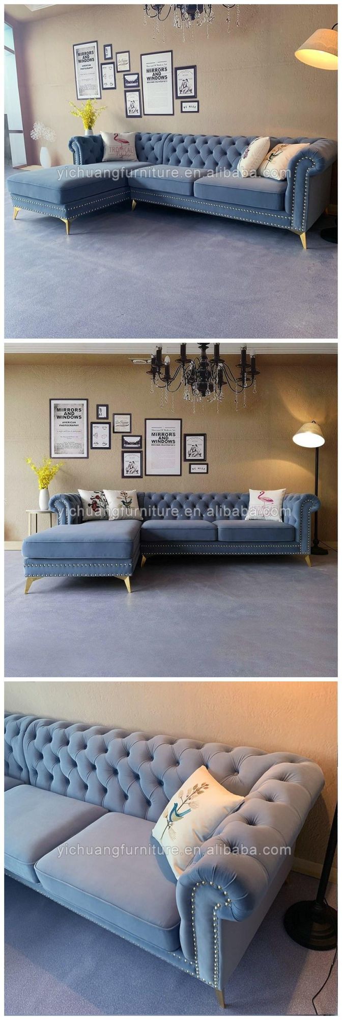 Comfortable Elegant Blue Velvet Fabric Chesterfield Modern Living Room Corner Sofa