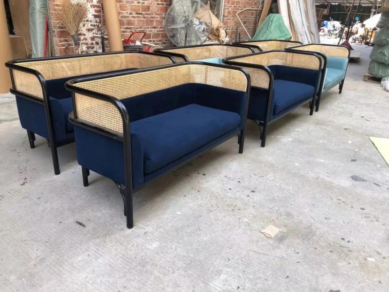 Modern Restaurant Wood Frame Rattan Back Couch Sofas
