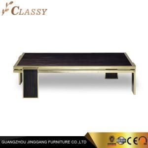 Villa Home Living Room Large Coffee Dining Table with Golden Metal Frame and Wooden Top