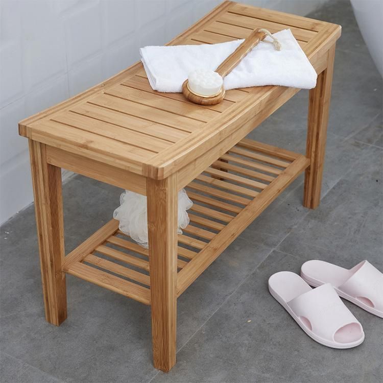 Bamboo Bath Stool Wooden Seat SPA Bench with Storage Shelf Bamboo Bathroom Shower Bench