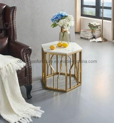 Mayco Minimalist Furniture Gold Round Tea Marble Top Side Table
