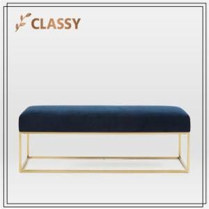 Quality Modern Blue Velvet Ottoman Bench with Golden Metal Frame