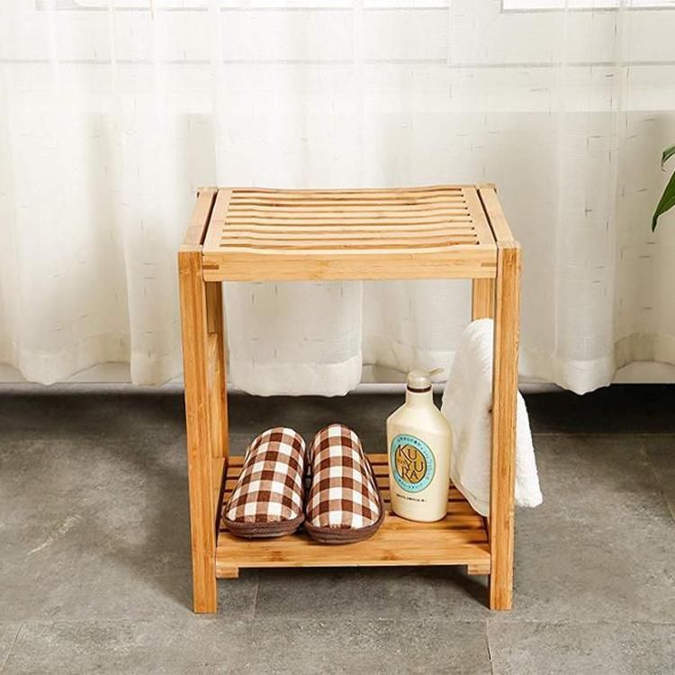 2 Layers Bamboo Bath Stool with Storage Shelf Bamboo Bathroom Shower Bench