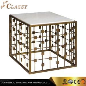 Modern Square Cubic Marble Side Table with Brass Metal Base