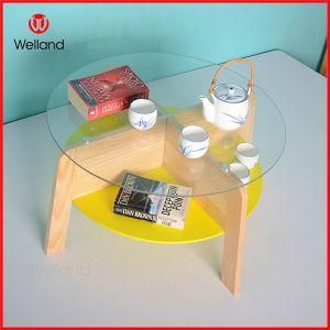 Home Decor MDF Round Wooden Glass Coffee Table with Wood Tab Leg