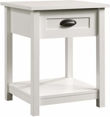 White Finish Sofa End Tables with Metal Handle and Storage Shelf