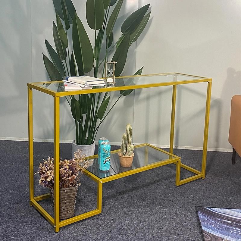 Customized Load-Bearing Double-Layer Glass and Metal Side Table 0296