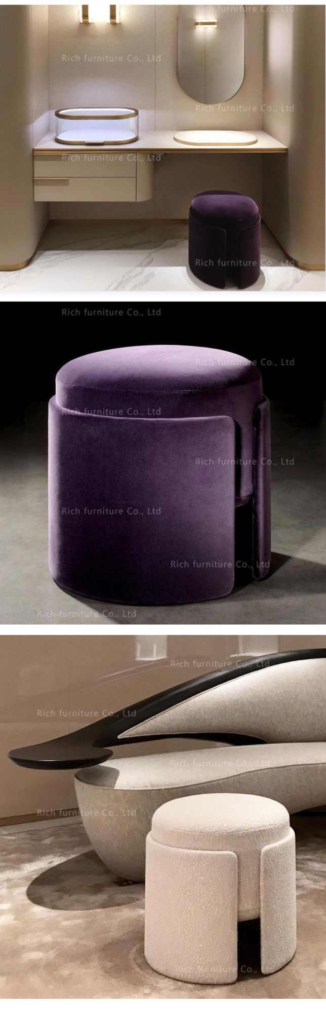 Round Shape Purple Velvet Footstool Modern Living Room Foot Stool Ottoman