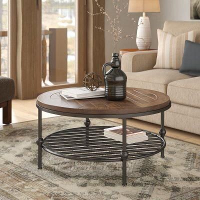 Solid Wood &amp; Metal Frame Modern Round Metal Wrap Coffee Accent Table Living Room