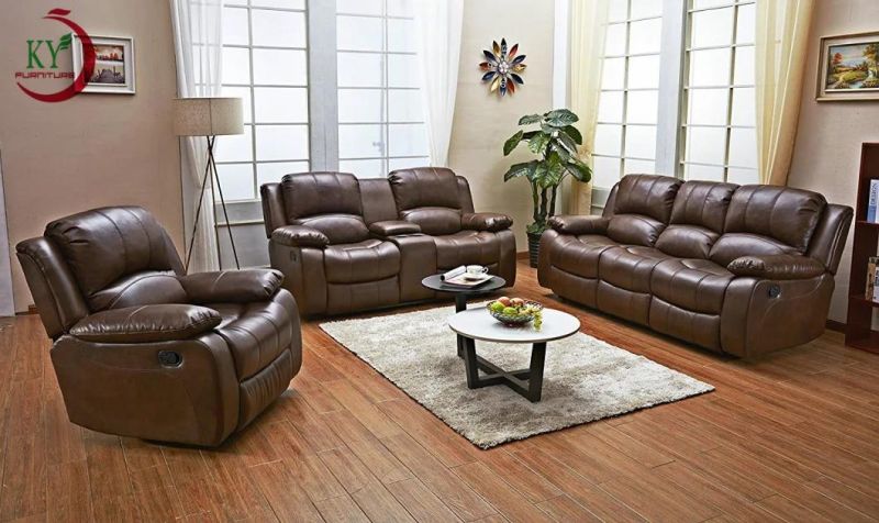 Jky Furniture Luxury Design Top Grain Leather Manual Recliner Sofa Set for (3+2+1) with Over-Filled Cushion and Customizable Drop Down Table