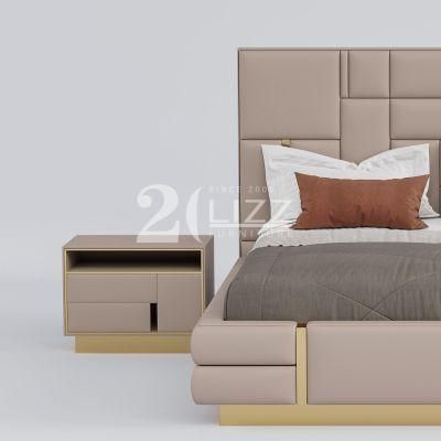 2022 New Arrival European Home Hotel Furniture Set Luxury Bedroom Genuine Leather Bed with Nightstand