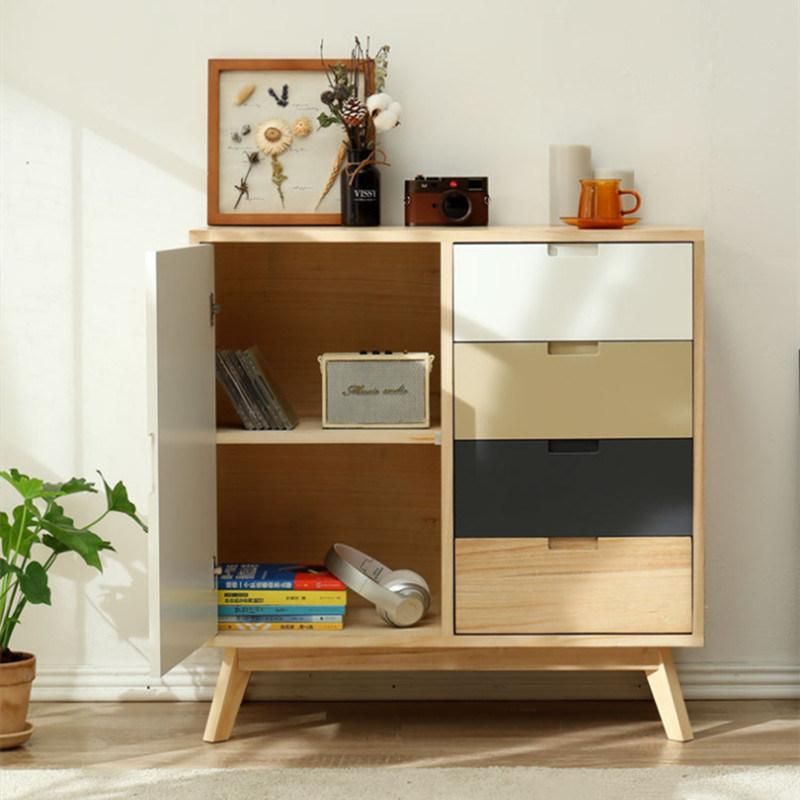 Modern Small Apartment Chest of Drawers with Door Solid Wood Bedroom Storage Cabinet 0512