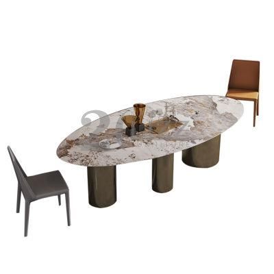 Stylish Nordic Design Gold Metal Legs Marble Table with Geniue Leather Chairs Modern Dining Set Furniture