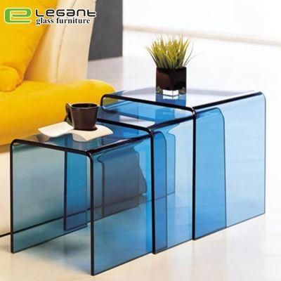 Blue Color Bent Glass Coffee Table / Glass Nesting Table